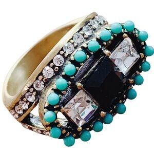 Signed Heidi Daus Gold Tone Turquoise Black Crystal Rhinestone Cocktail Ring Sz6